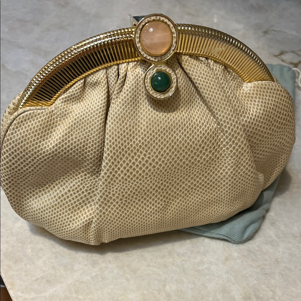 Judith Leiber Leather Beige Clutch with Gold Accents - excellent condition
